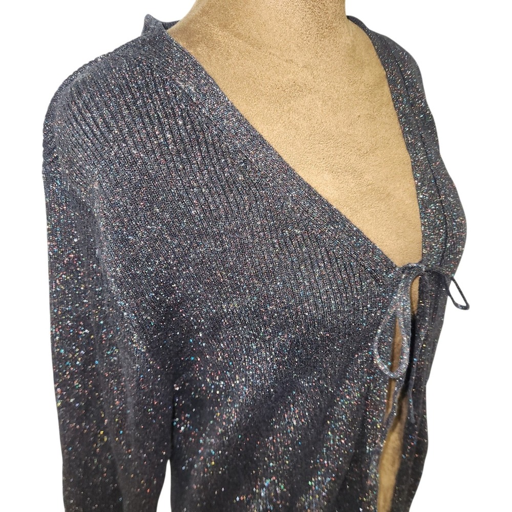 Vtg Y2K Fashion Bug Metallic Knit Tie Front Cardigan Size L Colorful Ribbed